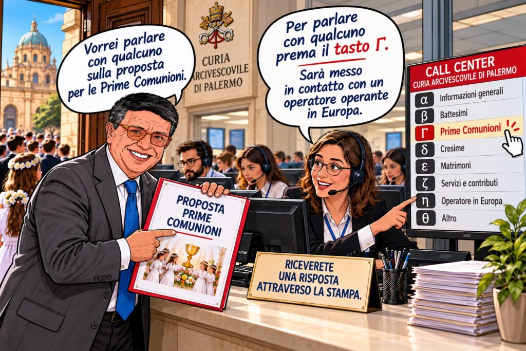 Vignetta sul confronto per le Prime Comunioni a Palermo e sulla richiesta di dialogo con la Curia