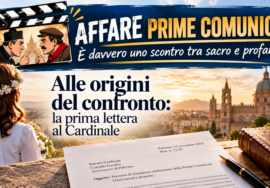 Copertina Affare Prime Comunioni: nel ciak un sacerdote e un uomo si confrontano; sullo sfondo Palermo, una bambina e la lettera al cardinale Lorefice.