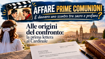 Copertina Affare Prime Comunioni: nel ciak un sacerdote e un uomo si confrontano; sullo sfondo Palermo, una bambina e la lettera al cardinale Lorefice.