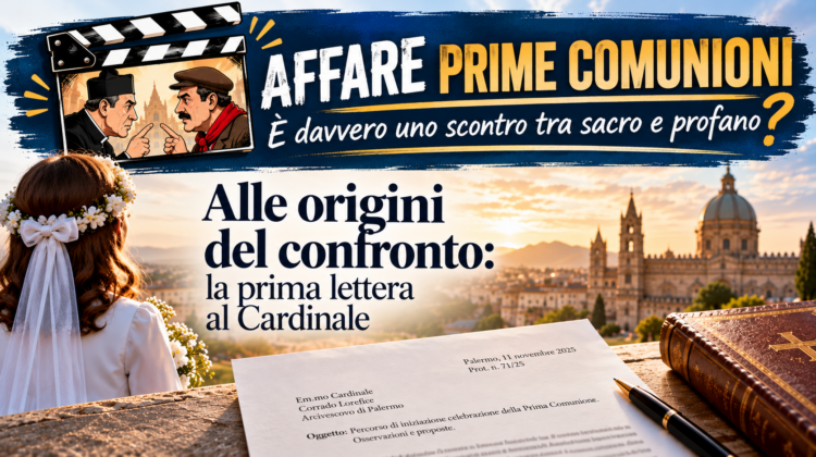 Copertina Affare Prime Comunioni: nel ciak un sacerdote e un uomo si confrontano; sullo sfondo Palermo, una bambina e la lettera al cardinale Lorefice.