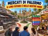 Illustrazione dei mercati di Palermo: posteggi vuoti a confronto con un mercato rinnovato, ricco di prodotti locali, artigianato e gastronomia.