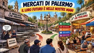 Illustrazione dei mercati di Palermo: posteggi vuoti a confronto con un mercato rinnovato, ricco di prodotti locali, artigianato e gastronomia.