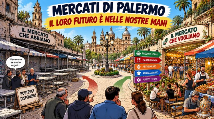 Illustrazione dei mercati di Palermo: posteggi vuoti a confronto con un mercato rinnovato, ricco di prodotti locali, artigianato e gastronomia.